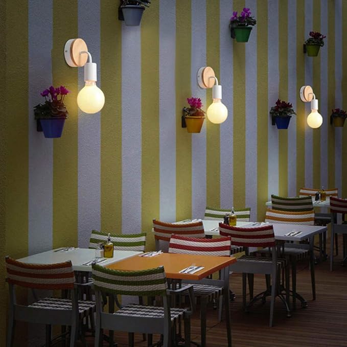 Vintage Loft Style Wooden Base Wall Lights Metal Lamp Minimalist Indoor Wall Sconces E26 Lamp Holder Lighting for Living Room Bedrooms (Bulb Sold Separately) (White)