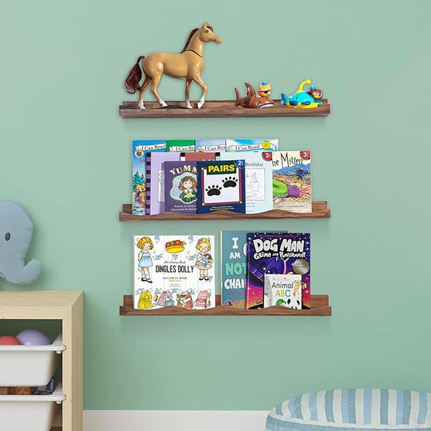 AZSKY Floating Bookshelf for Kids, Floating Shelves for Wall Cloud Picture Ledge Shelf Walnut 23.6 Inches Nursery Book Shelves Set 3, Baby Book Shelf for Toddler Room, Baby Room, Nursery Decor