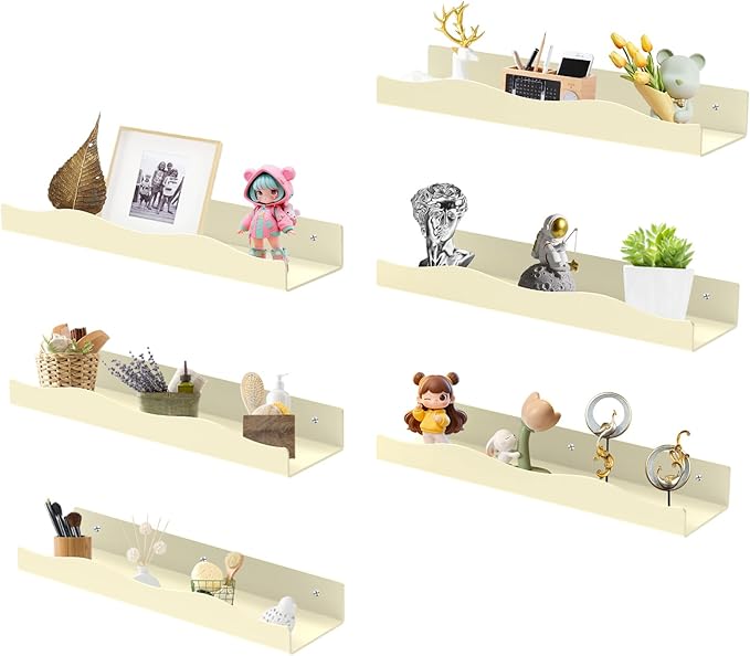 Wall Mount Acrylic Shelf 15 Inch Floating Shelf for Wall Decor Plants Books Records Heavy Duty Beige Display Shelf Bathroom Bedroom Living Room Storage Organization (6, Yellowish Beige)