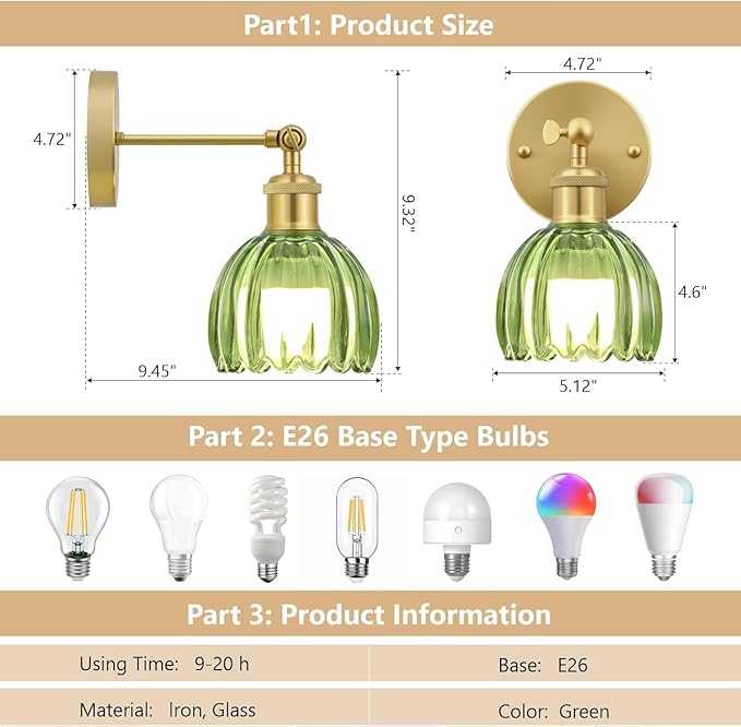Vintage Battery Operated Wall Sconce, Green Tulip Glass Lampshade Wireless Rechargeable Battery Powered LED Wall Light with Remote Dimmable for Bedside Bedroom Doorway Living Room, Set of 2