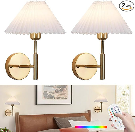 Rechargeable Wall sconces Set of Two,Battery Operated Wall sconce with Remote Control,Wireless Wall lights Dimmable,15 Color Changing,Gold Battery Wall Lamp no wiring for Bedroom Living Room Hallway