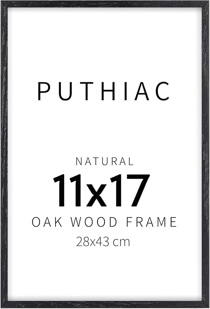 puthiac 11x17 Solid Oak Wood Picture Frame, Fits 8x12 with Mat or 11x17 Without Mat, Wall Display Only, Vertical or Horizontal, Plexi Front, 1 Pack, Black