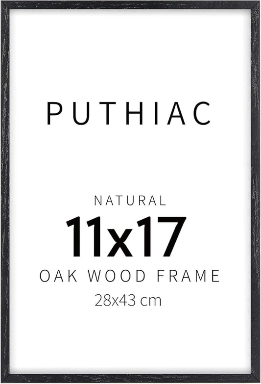 puthiac 11x17 Solid Oak Wood Picture Frame, Fits 8x12 with Mat or 11x17 Without Mat, Wall Display Only, Vertical or Horizontal, Plexi Front, 1 Pack, Black