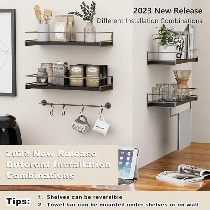 Wall Decor Floating Shelves, Home Decor with Towel Bar/Hooks, Wall Shelves for Bathroom/Living Room/Kitchen/Bedroom, (Black-Black) Floating Bathroom Shelves