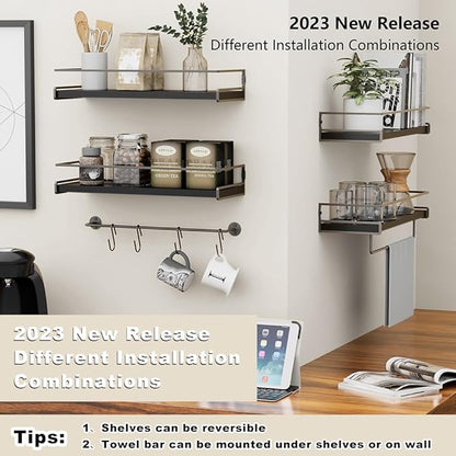 Wall Decor Floating Shelves, Home Decor with Towel Bar/Hooks, Wall Shelves for Bathroom/Living Room/Kitchen/Bedroom, (Black-Black) Floating Bathroom Shelves