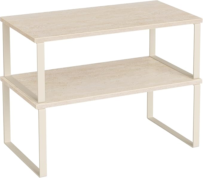 SONGMICS Cabinet Organizer Shelf, Set of 2 Kitchen Counter Shelves, Kitchen Storage, Spice Rack, Stackable, Expandable, Metal and Engineered Wood, Travertine Beige and Cream White UKCS025L01