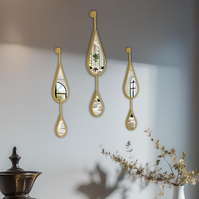 Gold Wall Mirror Tear Drop Shape Decor Mirror for Bedroom Living Room entryway Hall Fireplace Boho Wall Mirror 3-Pack Mirrors Set