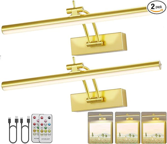 2 Pack Picture Lights for Wall Battery Operated, 12 inch Wireless Art Lighting for Painting, 6 Colors Picture Frame Lights with Remote, 4200mAh Gallery Light, Gold