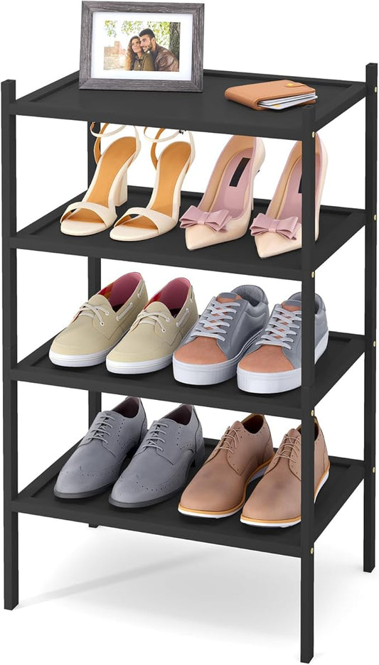 Smiry Bamboo Small Shoe Rack, 4 Tier Shoe Organizer for Entryway & Closet, Stackable Free Standing Storage Shelf for Shoes, Bags & Plants, Black