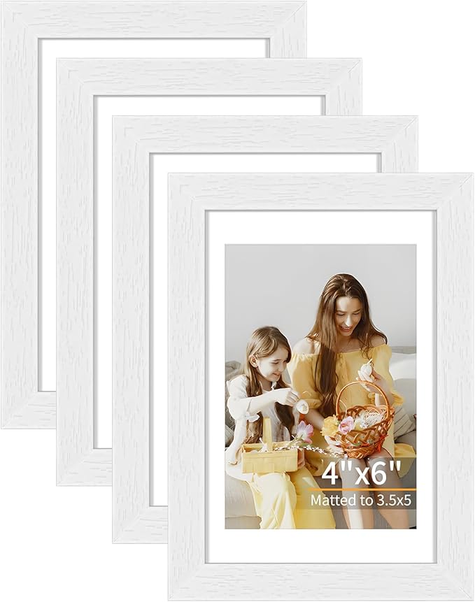4x6 Picture Frame Set of 4, Displays 3.5x5 with Mat or 4x6 Without Mat, Photo Frames for Wall Hanging or Tabletop, Includes HD Plexiglass, White