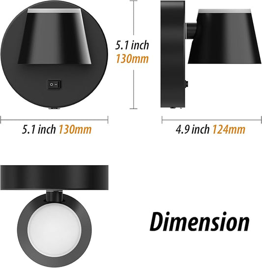 URSOLA Battery Operated Wall Lights Set of Two, LED Rechargeable Battery Wall Sconce with 9000mAh 3CCT and Dimmable Magnetic 360° Rotation Cordless Light for Bedroom（Black）