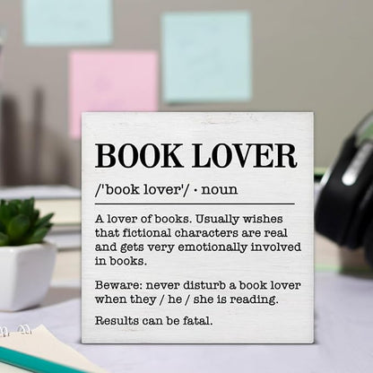 Book Lover Decor Rustic Book Lover Definition Wooden Sign Decorations Home Book Room Library Desk Table Shelf 5×5 Inches, Book Lover Gifts for Women Men Girls Boys