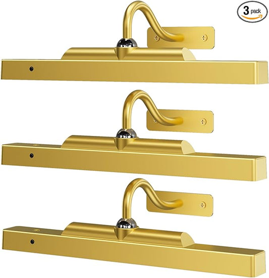 3 Pack Gallery Lights for Wall, 4400mAh Rechargeable Picture Lights, 12'' Cordless Remote Dimmable LED for Portrait Hallway Decor (Gold)