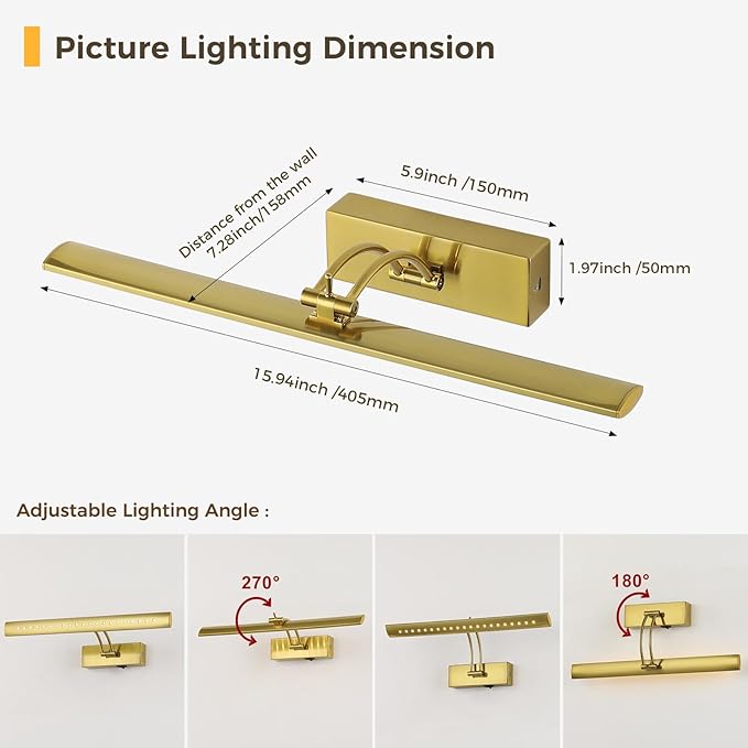JOOSENLUX Battery Operated Picture Light - Wireless Art Display Light with Dimmer, Timer Off and Swing Arm, 5000mAh Rechargeable Battery, 16-Inch Brass Wireless Wall Sconce