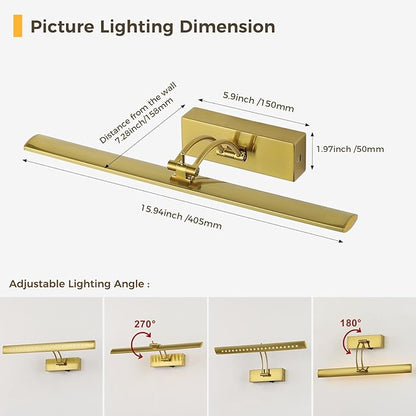 JOOSENLUX Battery Operated Picture Light - Wireless Art Display Light with Dimmer, Timer Off and Swing Arm, 5000mAh Rechargeable Battery, 16-Inch Brass Wireless Wall Sconce
