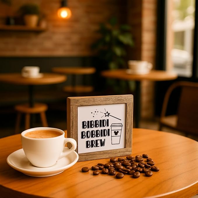 Farmhouse Coffee Bar Sign, Bibbidi Bobbidi Brew Wooden Box Decor, Funny Coffee Wooden Plaque Sign, Rustic Wood Signs for Kitchen Cafe Bars, Freestanding Home Decor 5.9×5.9 inch