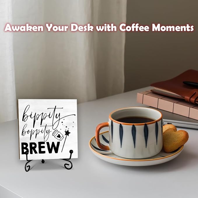 5'' Rustic Cafe Wooden Sign With Metal Stand - Bippity Boppity Brew - Wooden Plaque Tabletop Decor Gifts For Coffee Lover Friends Family Coworkers - Home Desk Kitchen Coffee Bar Decor & Supplies - B03