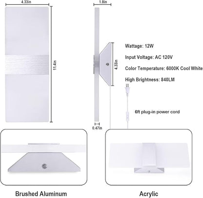 TRLIFE Modern Wall Sconces Set of 2, Wall Sconce Plug in 12W LED 6000K Cool White Acrylic Wall Mounted Light Wall Lights with 6FT Plug in Cord for Bedroom Bedside Stairway(2 Pack, Silver)