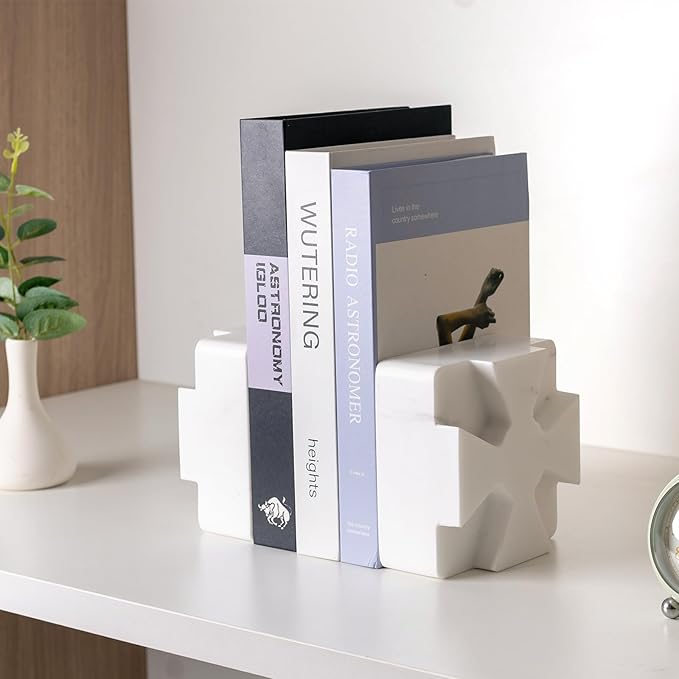 Decorative Square Marble Bookends for Heavy Books – Unique Book Ends for Shelves – Modern Aesthetic Book Holder/Stopper with Non-Slip Pads for Chic Home, Office, or Library Decor, White
