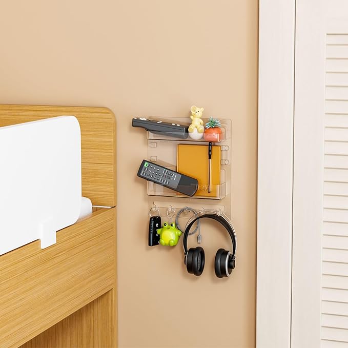 SuoXing Bedside Wall Organizer for Bedroom,Rv,Small Rooms,Nightstand and Bedside Wall Shelf for Earphone,Glasses,Remote Control,Phone Charging Shelf,Dorm Decor for College Girls and Teen Girl,Clear