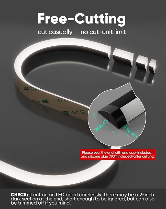 Shine Decor Under Cabinet Lighting Strip, Free Cuttable LED Silicone Neon Rope Hardwired 24V Anti-Glare Bright Cozy 228 Lumen for Indoor, Adhesive Black Shell 6000K Cool 12” UL Certified, No Adapter