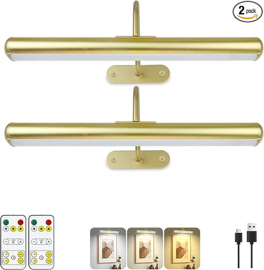 Set of 2 Picture Lights on Wall Rechargeable and Remote, Full Metal Painting Light with 3 Lighting Colors Brightness Dimmable and Timer Auto-OFF, Above Artwork Dartbord Display Gallery Portrait