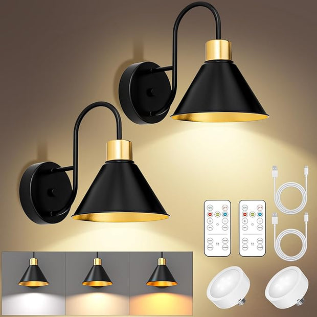 Frideko Rechargeable Wall Sconces Set of Two, 3 Color Dimmable Battery Operated Wall Lights with Remote, Black Wireless Wall Lamp with Timer, Indoor Sconce Lighting for Living Room Bedroom Picture