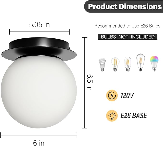 Modern Glass Globe Wall Sconce: Black Single Light with Milk Glass Shade - Minimalist Spherical Vanity Sconces Over Mirror - Contemporary Ball Wall Lights Fixtures for Entryway Bedside Bulb Excluded