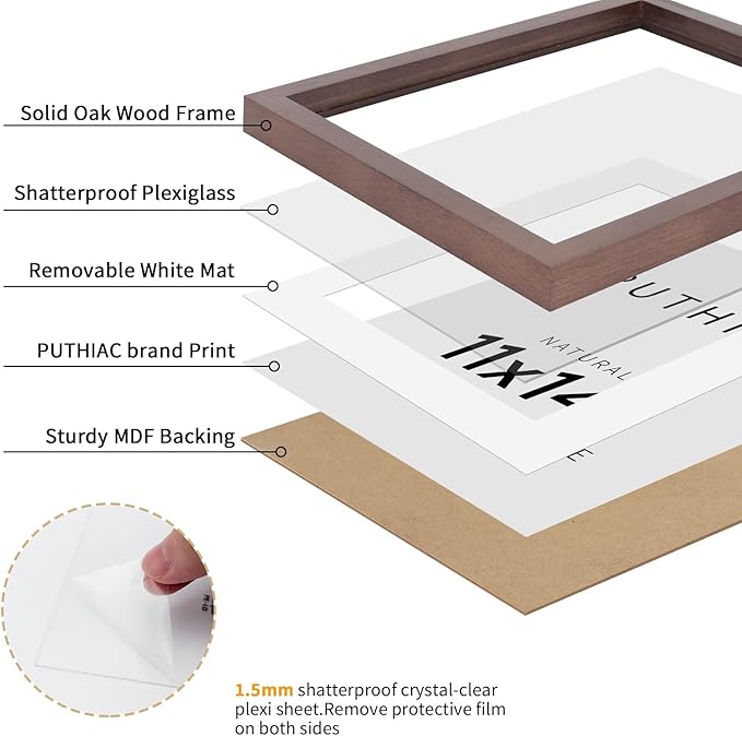 puthiac 11x14 Solid Oak Wood Picture Frame, Fits 8x10 with Mat or 11x14 Without Mat, Wall Display Only, Vertical or Horizontal, Plexi Front, 3 Pack, Walnut