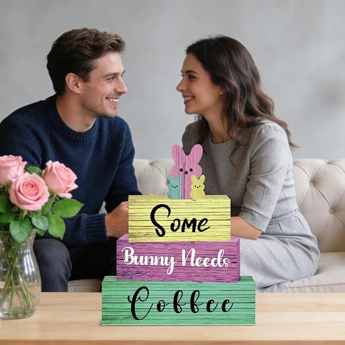4 Pcs Easter Decorations for Home Easter Tier Tray Decor Bunny Coffee Sign Coffee Bar Station Decor Rustic Farmhouse Decorations for Home Kitchen Office Shelf Tabletop Centerpieces
