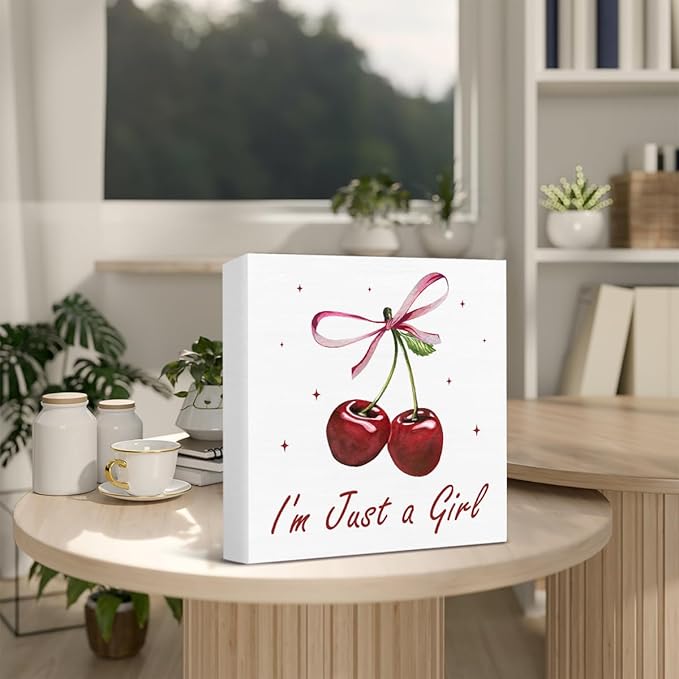 Cherry Decor - Bow Decor for Girls Room - Cherry Decoration for Home - I'm Just a Girl Wood Sign Home Girls Bedroom Nursery Dorm Desk Shelf Table Tabletop Decorations 5×5 Inches