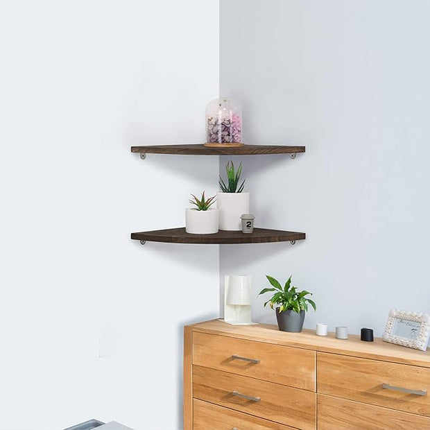 10 inch Corner Wall Shelf, Set of 2 Solid Wood Corner Floating Shelves for Wall, Round End Wall Mounted Floating Corner Shelf for Bedroom, Living Room and Kitchen (Brown-10 inch)