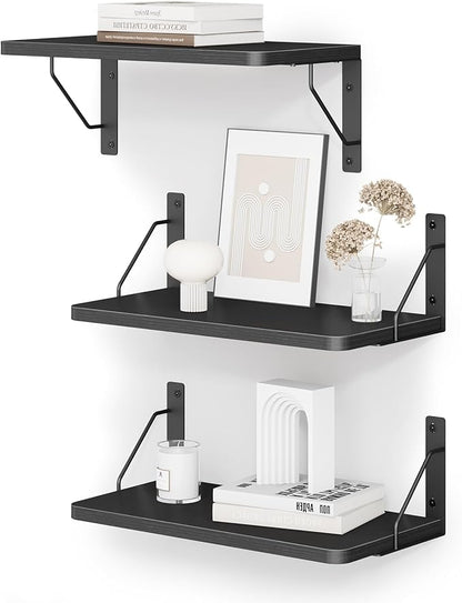 Wooden Floating Shelves for Wall, Floating Shelf for Bedroom Kitchen Decor, Wall Mounted Rustic Farmhouse Wood Shelf for Books, Plants, Set of 3 (Black, M (Rectangular))