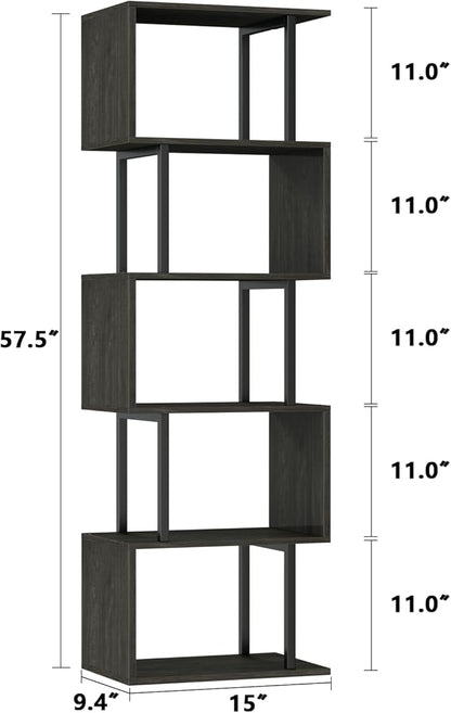 Furologee 6 Tier Bookshelf Tall Geometric Bookcase, S Shaped Industrial Display Standing Shelf, Metal and Wood Decorative Storage Room Divider Rack for Bedroom, Living Room, Office, Light Black Oak
