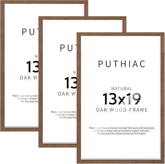 puthiac 13x19 Solid Oak Wood Picture Frame, Fits 11x17 with Mat or 13x19 Without Mat, Wall Display Only, Vertical or Horizontal, Plexi Front, 3 Pack, Walnut