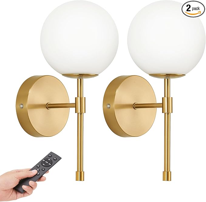Battery Operated Wall Sconces Set of 2, Glass Globe Wireless Lights with Remote & Touch Control, Rechargeable Brushed Gold Sconce, 3 Color Dimmable Ambient Lighting for Bedroom Living Room