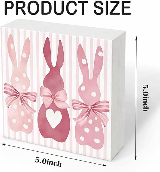 Easter Decorations for Home Rustic Bunny Wooden Box Sign, Pink Spring Rabbit Farmhouse Desk Decor, Happy Easter Shelf Tiered Tray Plaque for Living Room Office 5x5 Inch