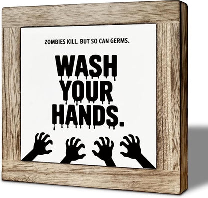 Funny Halloween Decors for Bathroom, Zombies Sign, Funny Remind Signs for Restroom Decor, Farmhouse Home Decor, Shelf Decoration, Washroom Decors, Wash Your Hands Sign 5.9x5.9 inches