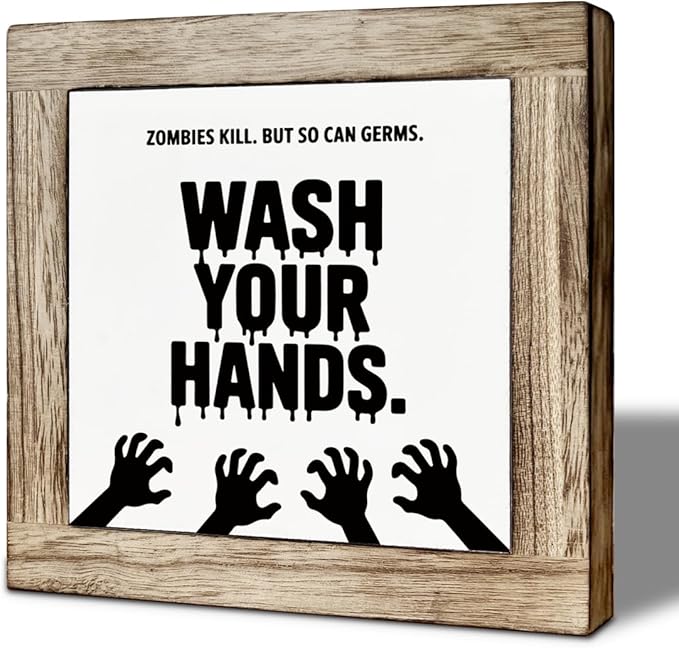 Funny Halloween Decors for Bathroom, Zombies Sign, Funny Remind Signs for Restroom Decor, Farmhouse Home Decor, Shelf Decoration, Washroom Decors, Wash Your Hands Sign 5.9x5.9 inches