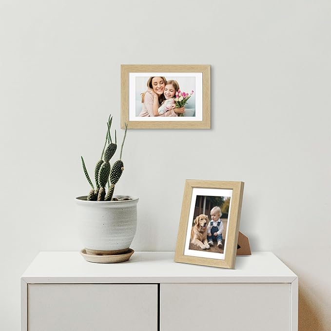 ATOBART 4x6 Picture Frame Set of 4, Displays 3.5x5 with Mat or 4x6 Without Mat, Photo Frames for Wall Hanging or Tabletop, Includes HD Plexiglass, Natural Wood Grain
