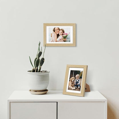 ATOBART 4x6 Picture Frame Set of 4, Displays 3.5x5 with Mat or 4x6 Without Mat, Photo Frames for Wall Hanging or Tabletop, Includes HD Plexiglass, Natural Wood Grain
