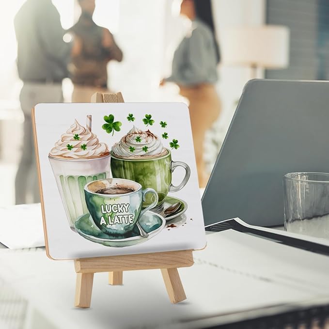 St Patricks Day Kitchen Decor - St Patricks Day Coffee Bar Decor - Irish Coffee Wood Sign with Easel Home Kitchen Desk Tabletop Shelf Tiered Tray Decorations