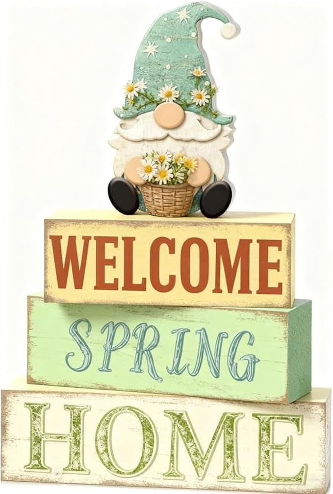 Spring Decoration Wooden Tiered Tray Decor – Rustic Welcome Spring Home Gnome Stacked Block Sign with Flower – Farmhouse Tabletop Spring Decor for Living Room Shelf Kitchen Coffee Bar Seasonal Home