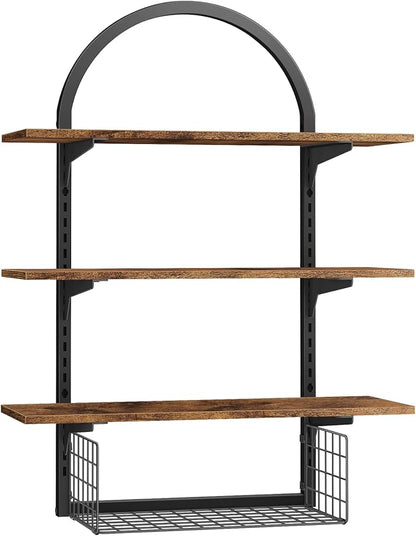 3 Tier Floating Shelf with Storage Baskets, Wall Mounted Bathroom Shelves Over Toilet, Wood Wall Shelves for Kitchen, Bedroom, Living Room, Home Organization and Decor, Rustic Brown