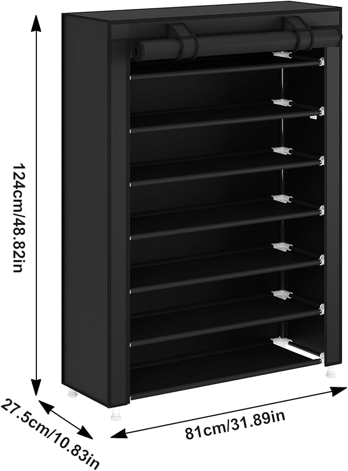 Laiensia 7-Tier Vertical Shoe Rack Organizer, Space Saving Shoe Storage Organizer, Non-Woven Cover Shoe Shelf Holds 28-35Pairs for Bedroom, Hallway, Closet Entryway, Black