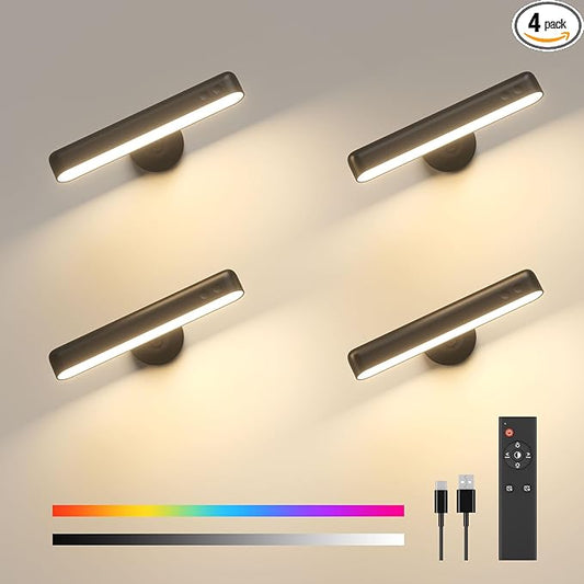 Rechargeable LED Wall Sconces 7500mAh Battery Operated Wall Lamps for Bedroom, Touch and Remote Control, 3 Colors Wall Lights 360° Rotate Dimmable Brightness with 15 RGB Colors,Black 4 Pack