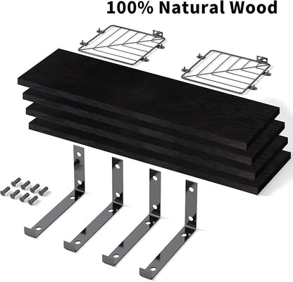 Fixwal 3+1 Tier Bathroom Floating Shelves Over Toilet, 15.8in Farmhouse Rustic Wood Shelves, Wall Decor for Bathroom, Living Room,Bedroom and Kitchen (Black)