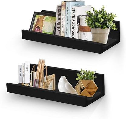 Muzilife 12" Small Floating Wall Ledge Shelves with Lip - Set of 2 Wood Floating Shelves - Black Wall Mounted Picture Ledge for Office, Bathroom, Bedroom, Living Room, Kitchen