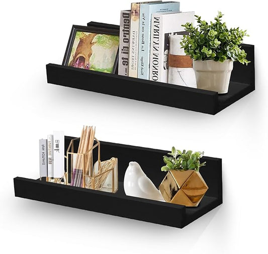 Muzilife 12" Small Floating Wall Ledge Shelves with Lip - Set of 2 Wood Floating Shelves - Black Wall Mounted Picture Ledge for Office, Bathroom, Bedroom, Living Room, Kitchen
