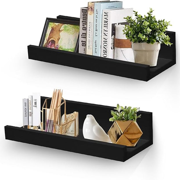 Muzilife 12" Small Floating Wall Ledge Shelves with Lip - Set of 2 Wood Floating Shelves - Black Wall Mounted Picture Ledge for Office, Bathroom, Bedroom, Living Room, Kitchen